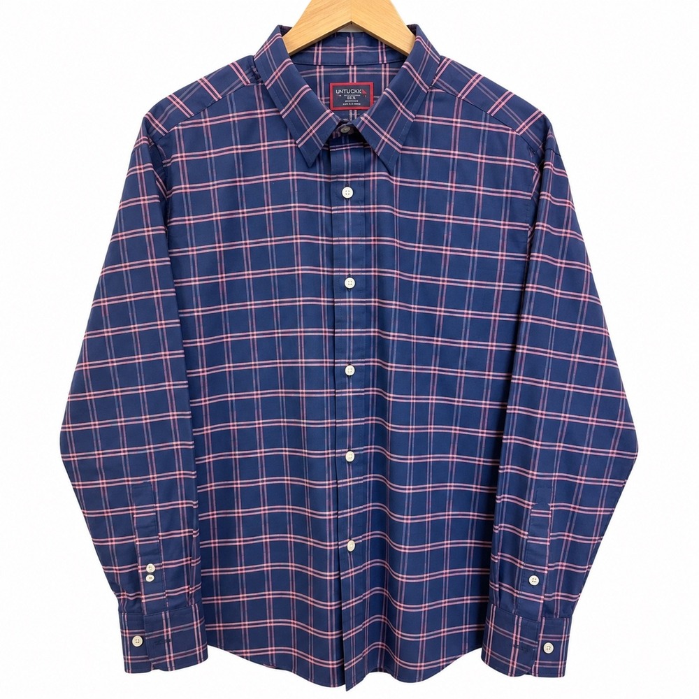 UNTUCKit Tayson Slim Fit Navy Pink Grid Check Button Down Shirt Mens XL